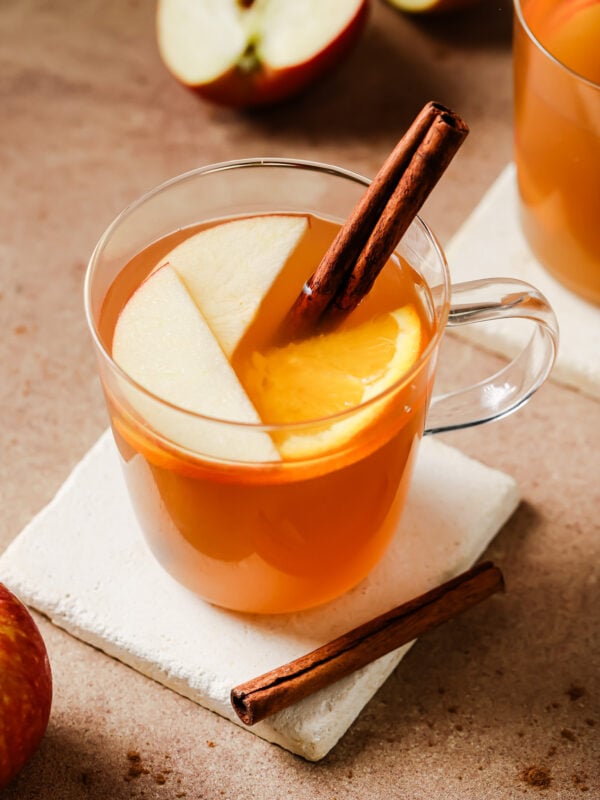 Cup of slow cooker apple cider garnished with a cinnamon stick, apple slices, and orange slices.