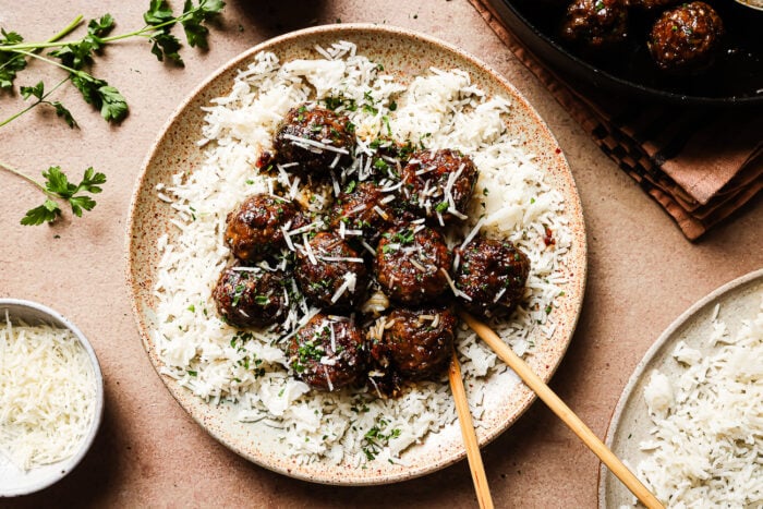 overhead view of honey garlic meatballs on a plate
