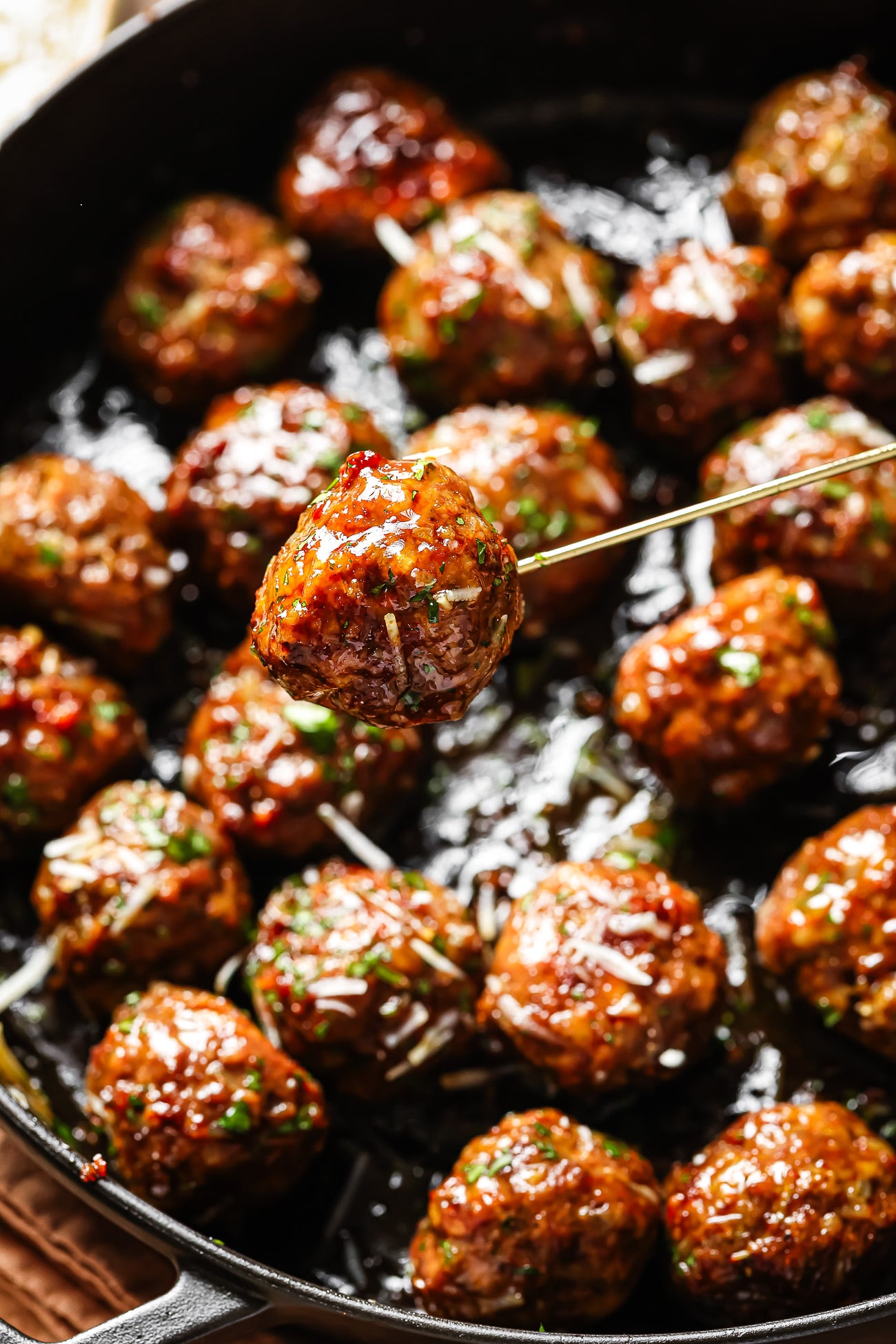 closeup view of honey garlic meatnalls