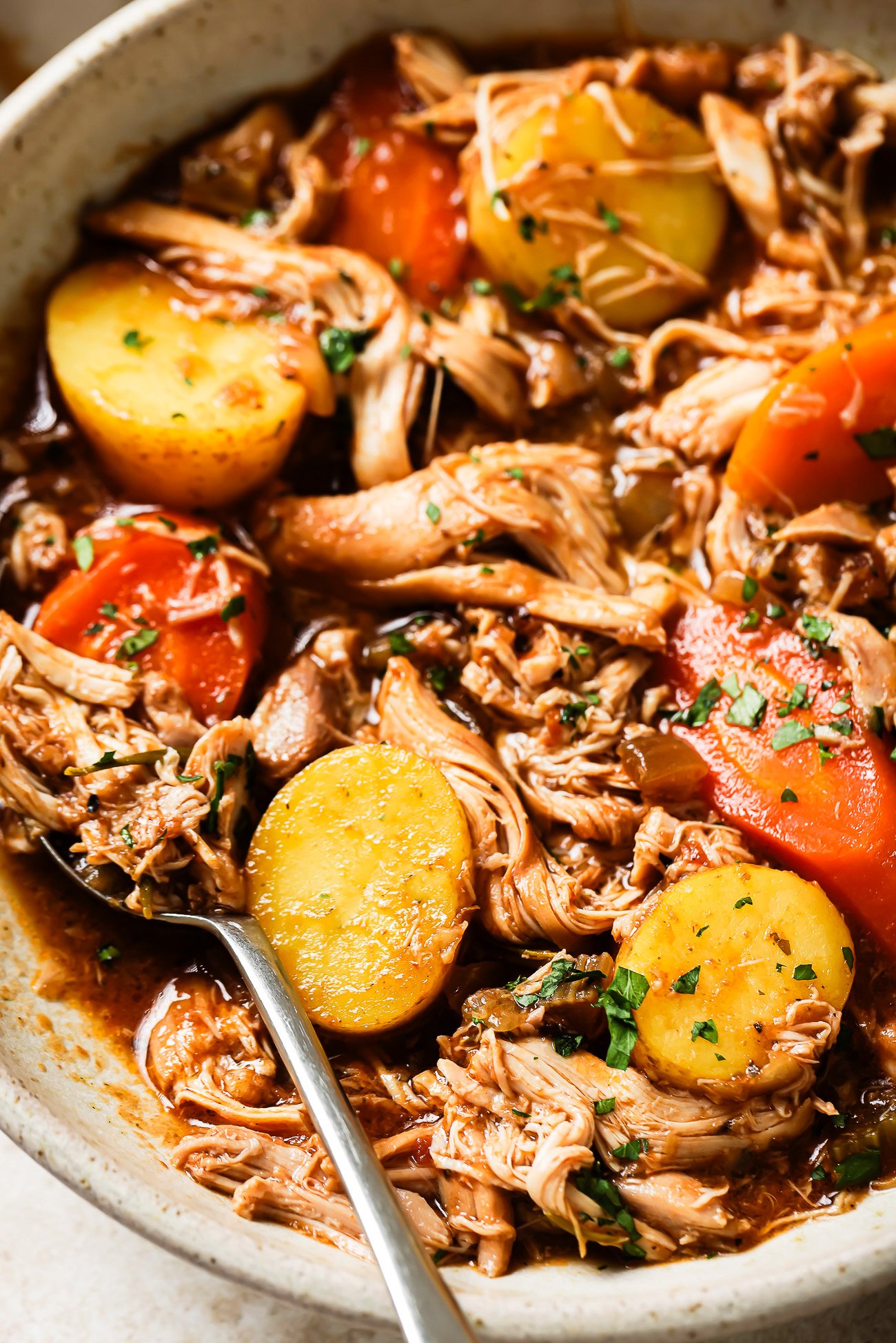 Overhead view of slow cooker chicken stew.