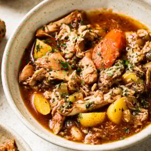 Overhead view of slow cooker chicken stew.