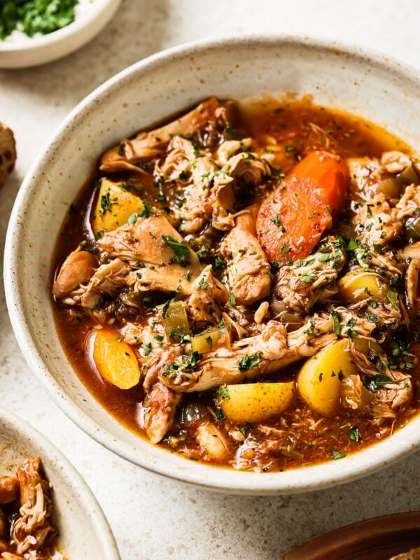 Overhead view of slow cooker chicken stew.