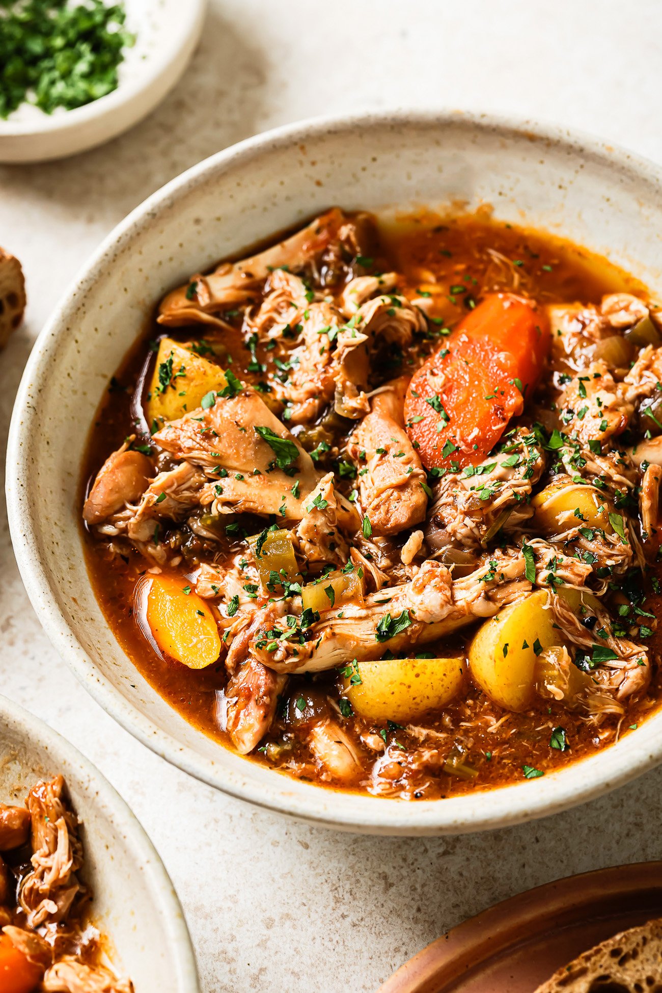 Overhead view of slow cooker chicken stew.