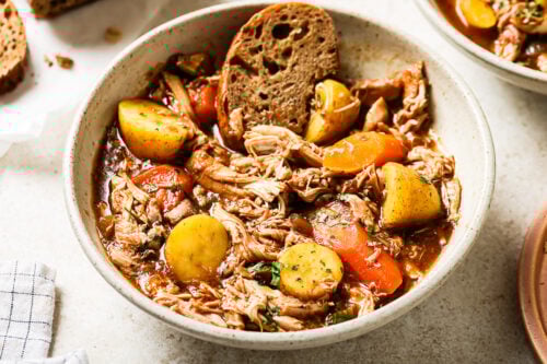 Overhead view of slow cooker chicken stew.