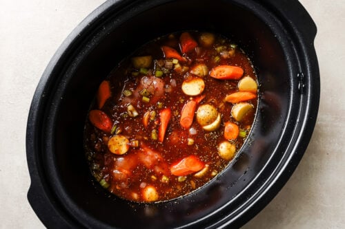 overhead view of slow cooker chicken stew