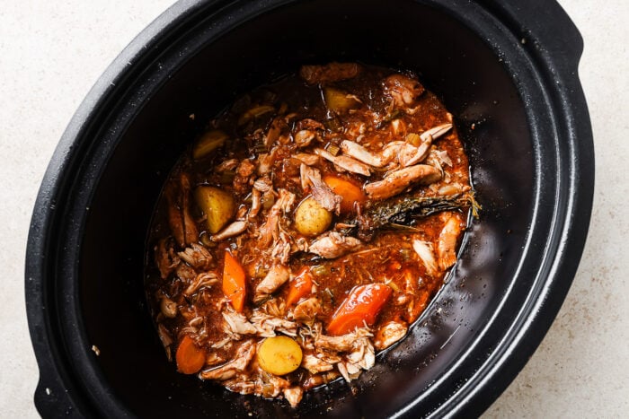overhead view of slow cooker chicken stew