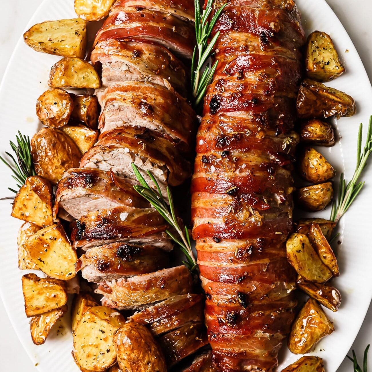 Overhead view of Bacon Wrap Pork Tenderloin
