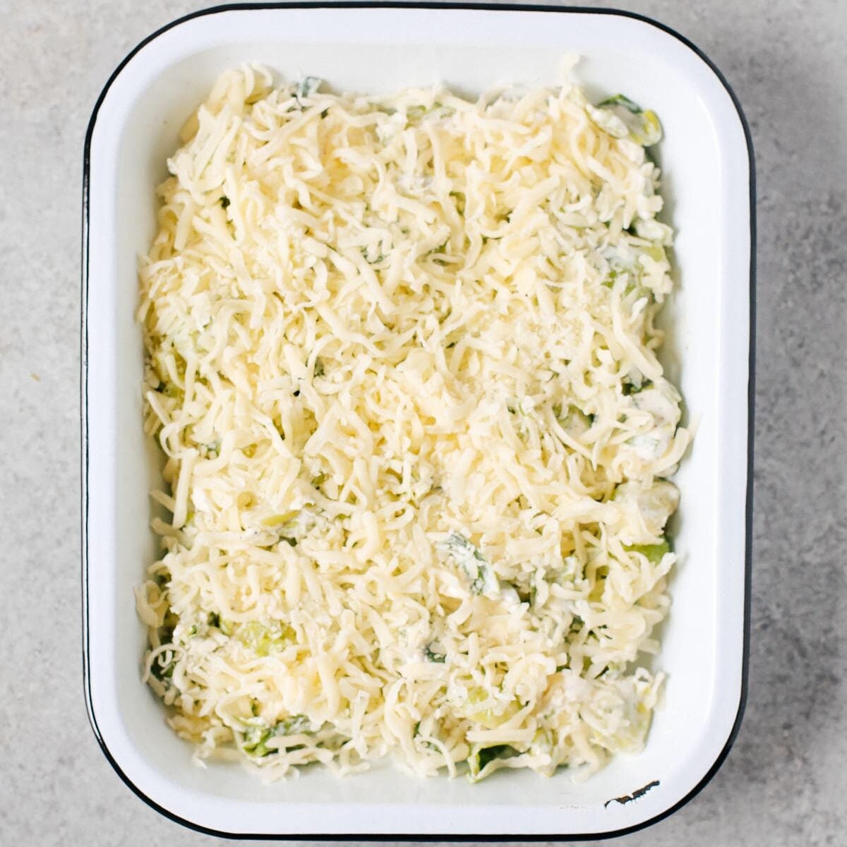 overhead view of Brussels sprouts in a baking casserole