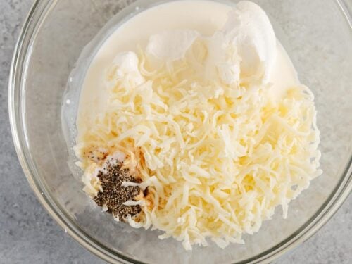 cheese mixture in a glass bowl.