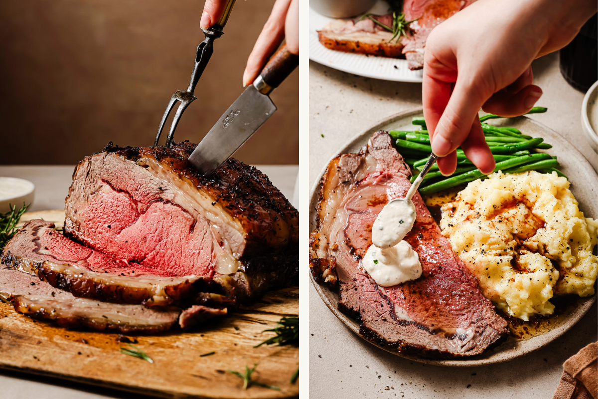 Left: prime rib sliced on a wooden board with rosemary. Right: Prime rib plated with mashed potatoes, green beans, and creamy horseradish sauce — a perfect holiday dinner.