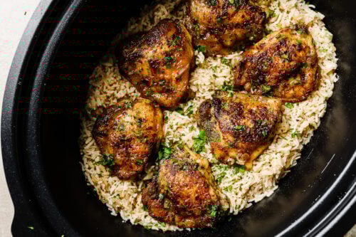 closeup of chicken and rice inside of a slow cooker bowl.