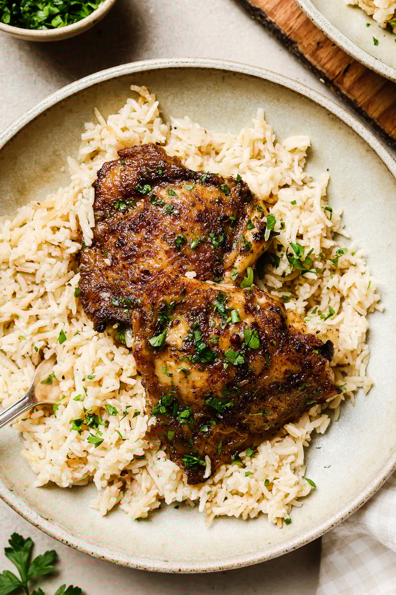closeup of chicken and rice on a plate.
