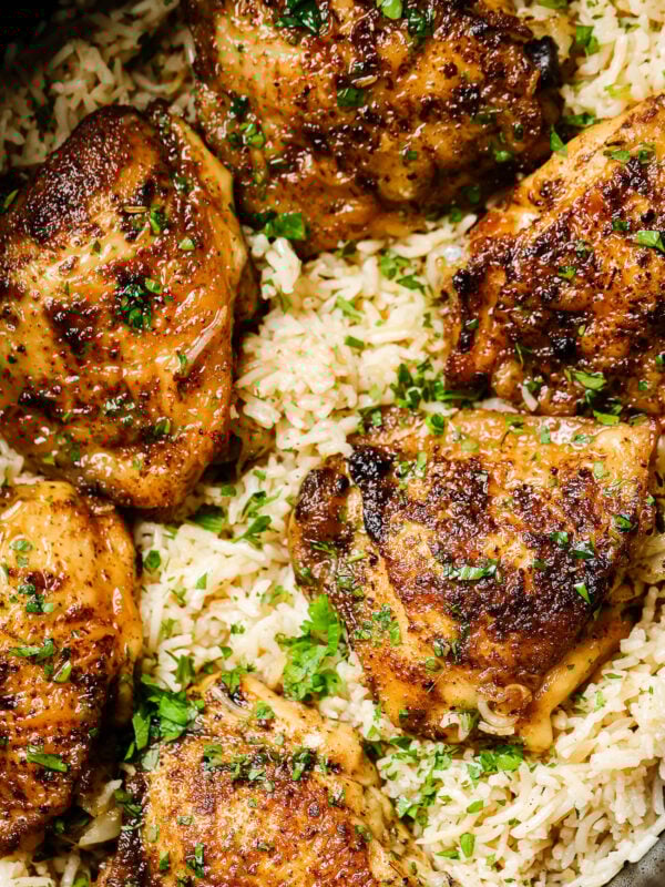 closeup of chicken and rice inside of a slow cooker bowl.