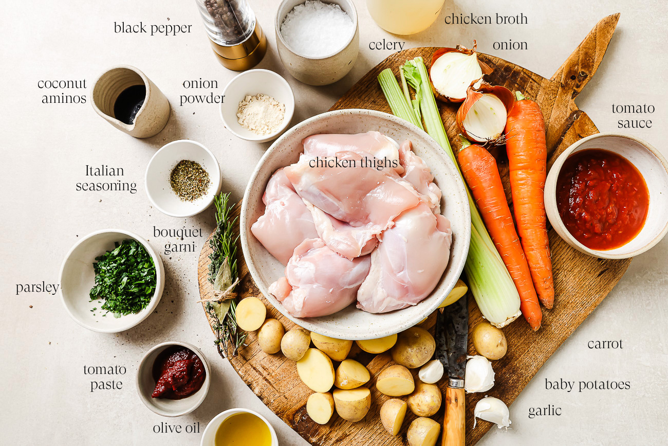 ingredients on a countertop to make slow cooker chicken stew.