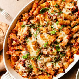 overhead view of baked rigatoni with ground beef.