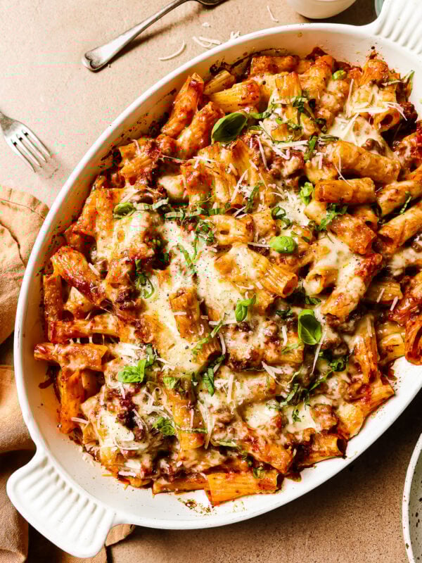 overhead view of baked rigatoni with ground beef.