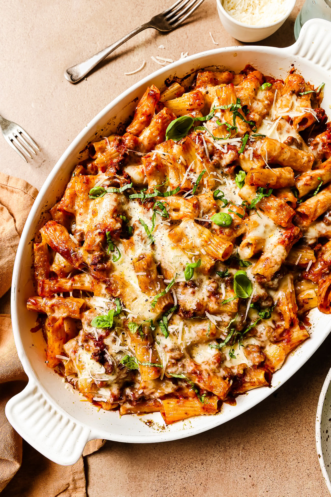 overhead view of baked rigatoni with ground beef.