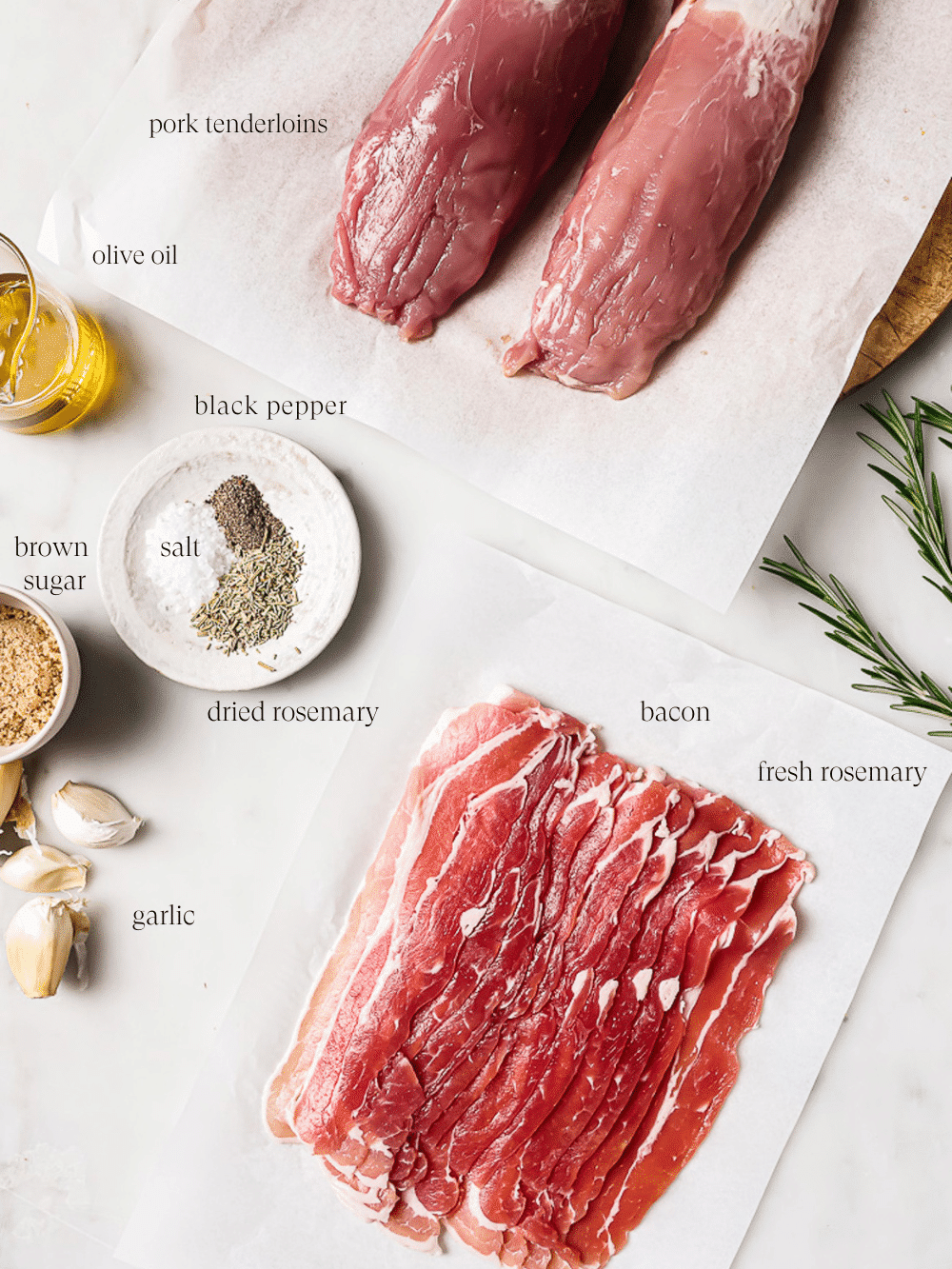 An overhead view of pre-measured ingredients on a white countertop.