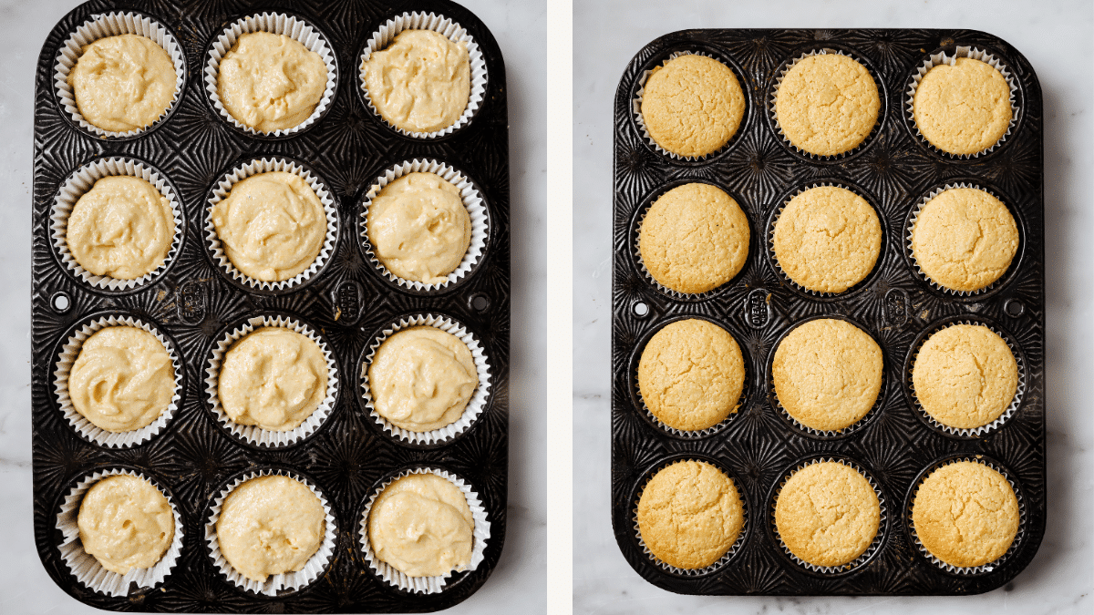 left: cornbread raw batter in muffin tins. right: baked cornbread muffins in a muffin tin.