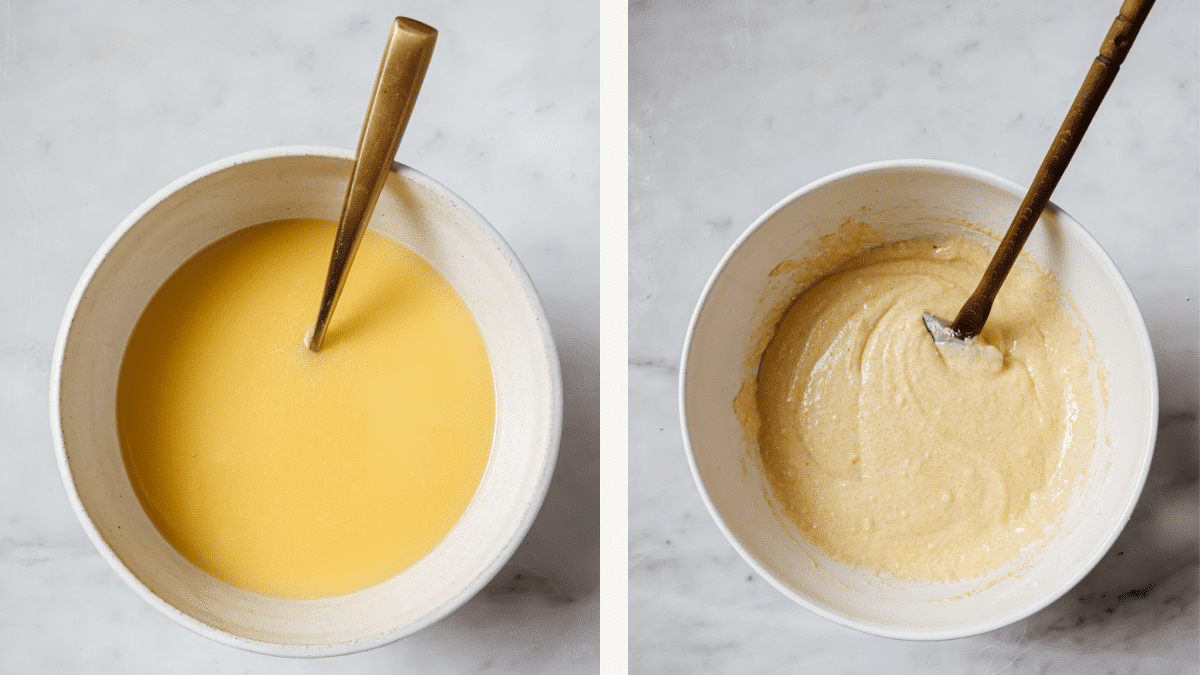Left: wet ingredients mixed together in a bowl. Right: prepared batter in a bowl.