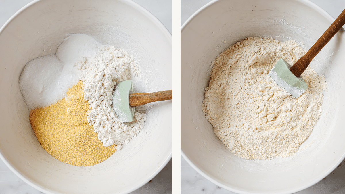 Left: dry ingredients in a bowl. Right: dry ingredients mixed together.