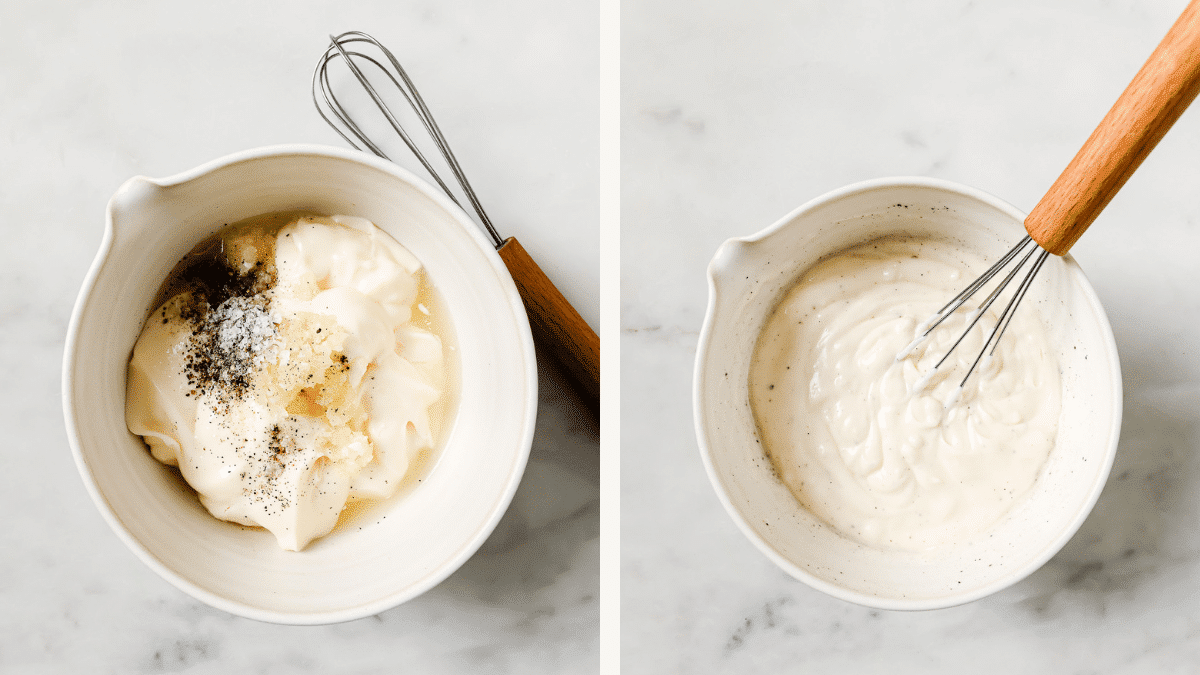 Left: garlic aioli ingredients in a bowl. Right: Garlic aioli mixed together.