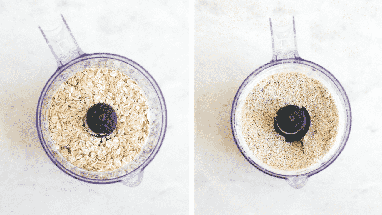Set of two photos showing rolled oats turned into oat flour in a food processor.