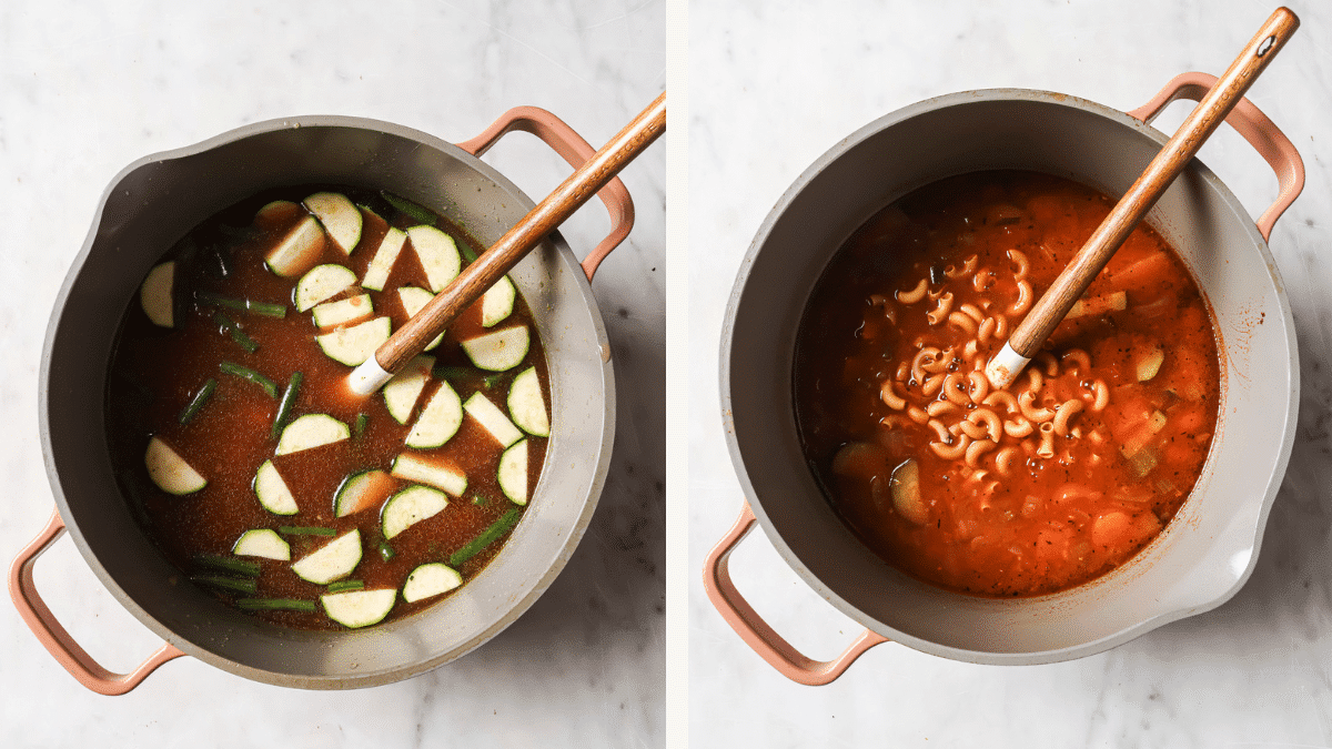 Left: green beans and zucchini added to the Dutch oven. Right: macaroni added.