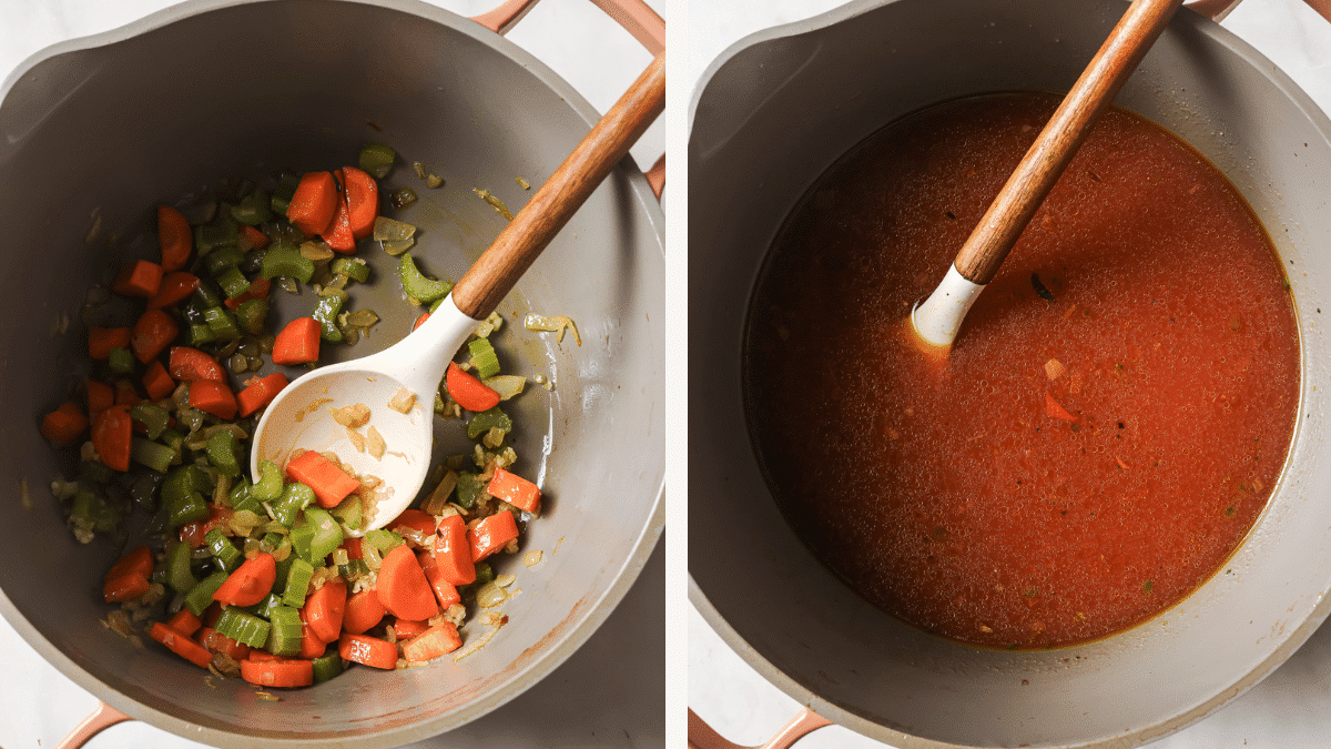 Left: vegetables sautéing in a Dutch oven. Right: tomatoes and broth added.