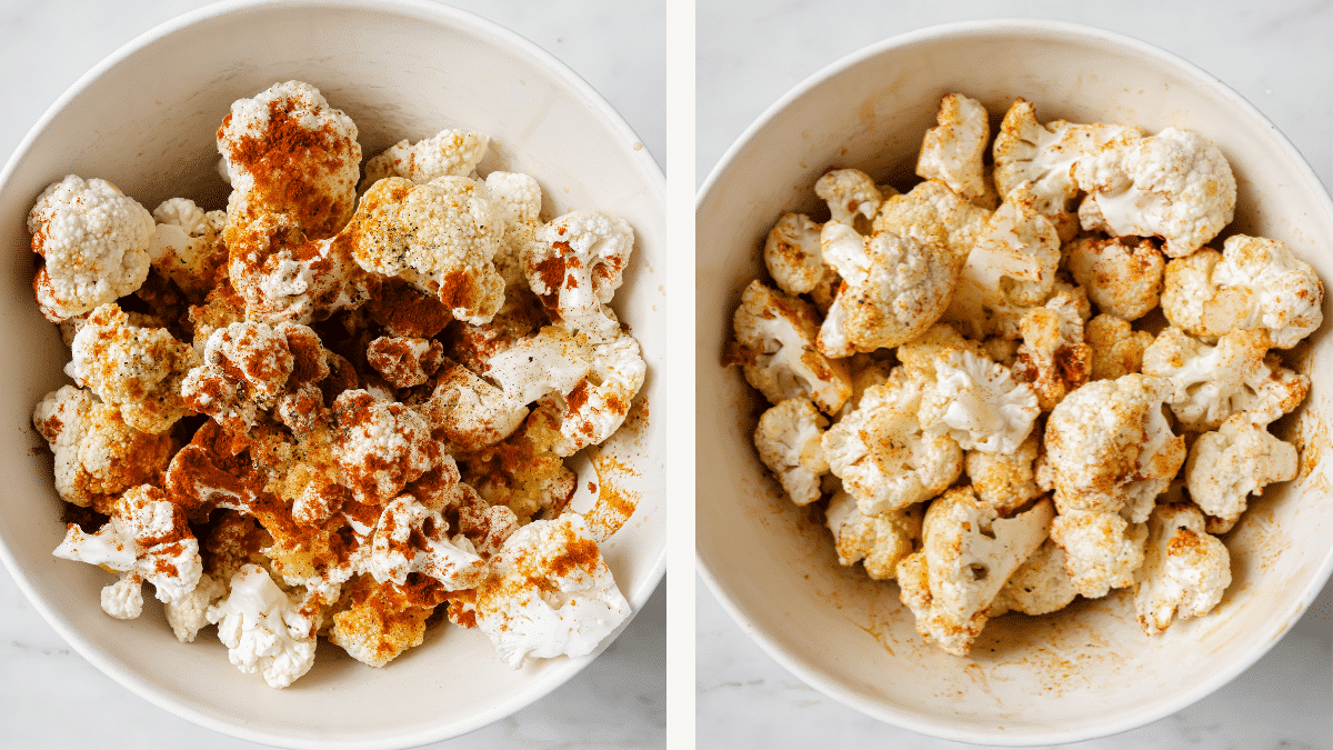 Left: Cauliflower in a bowl with spices added. Right: Cauliflower and spices mixed together.