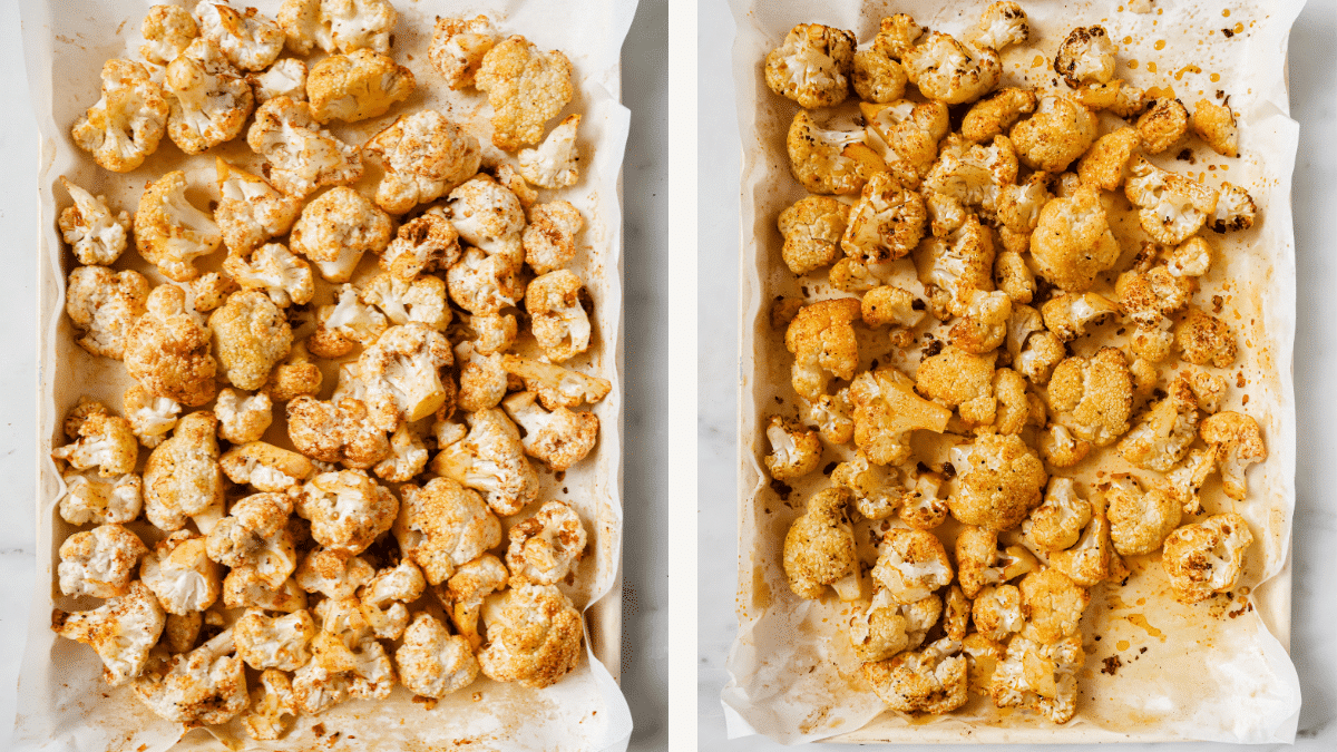 Left: Seasoned cauliflower on a baking sheet. Right: Roasted cauliflower on a baking sheet.