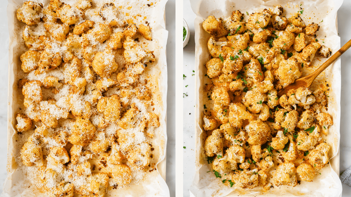 Left: Parmesan cheese added to cauliflower. Right: Roasted cauliflower on baking sheet.