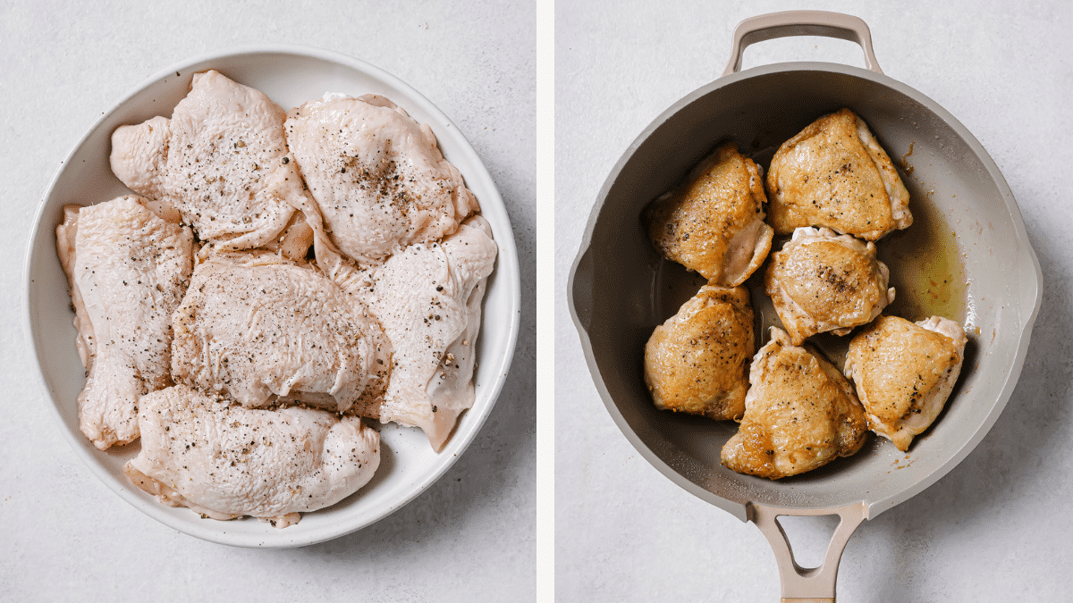 Left: seasoned chicken thighs in a bowl. Right: seared chicken thighs in a skillet.