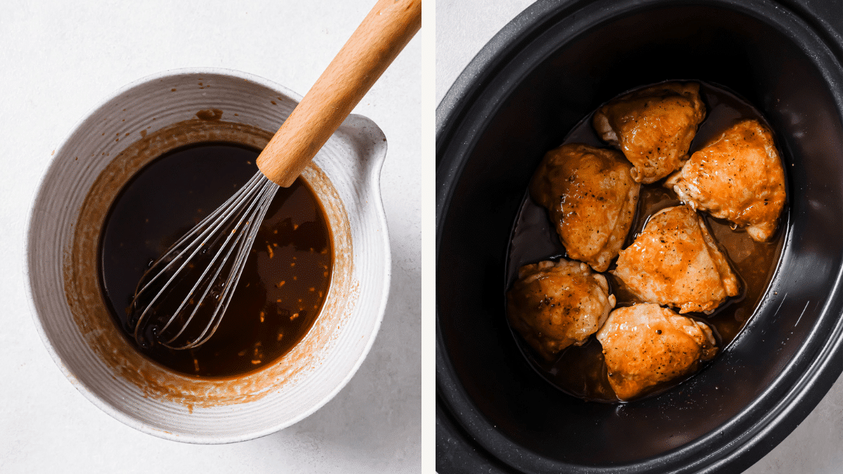 Left: A bowl of sauce with a whisk. Right: chicken thighs and sauce in slow cooker.