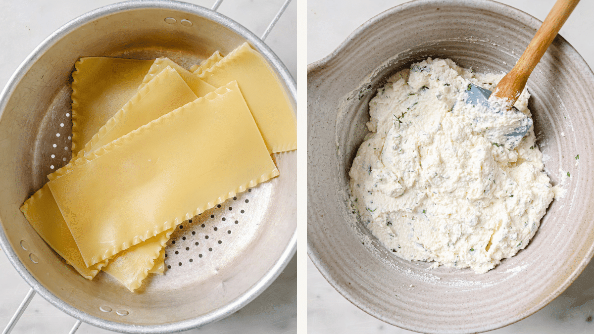 Left: lasagna noodles in a colander. Right: cheese mixture in a bowl.