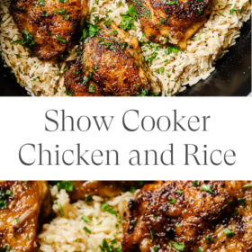 Close-up of golden-brown seasoned chicken thighs on a bed of rice, garnished with chopped parsley, in a slow cooker. Text reads: Slow Cooker Chicken And Rice.