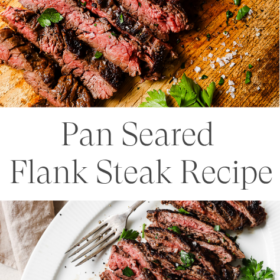 Sliced Pan Seared Flank Steak garnished with parsley and sea salt on a cutting board and white plate, accompanied by a fork. Text reads: Pan Seared Flank Steak Recipe.