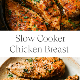 Two images highlight Slow Cooker Chicken Breast: the top shows golden, seasoned chicken breasts simmering in sauce, while the bottom displays sliced chicken served on a plate and sprinkled with herbs. Text reads “Slow Cooker Chicken Breast.”.