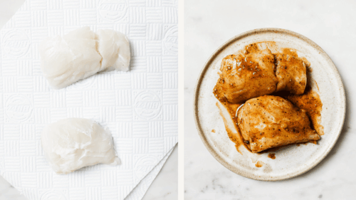 Two pieces of raw white fish on a paper towel on the left, and on the right, the fish pieces covered in a brown marinade on a beige plate.