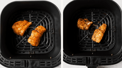 Two pieces of seasoned fish in an air fryer basket, shown before cooking on the left and after cooking on the right. The cooked fish appears more browned and slightly shrunken.