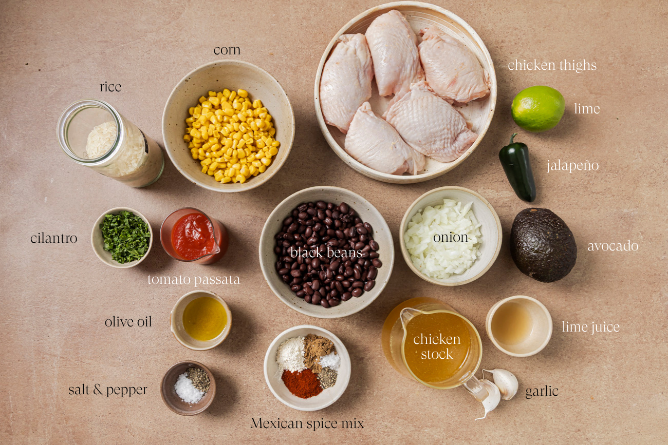 Ingredients for a chicken dish arranged on a countertop: raw chicken thighs, black beans, corn, rice, onion, garlic, lime, avocado, jalapeño, cilantro, tomato passata, chicken stock, lime juice, olive oil, salt, pepper, and Mexican spice mix.